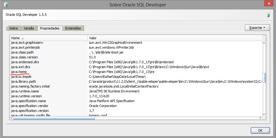 sqldeveloper about Oracle SQL Developer   Alterando o path do Java SDK em Windows